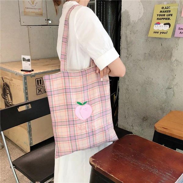 Sacos de compras Pêssego Pato Pêra Xadrez Bolsa de Ombro Ins Art School Girl Soft Cute Canvas Tote Bolsas de Algodão