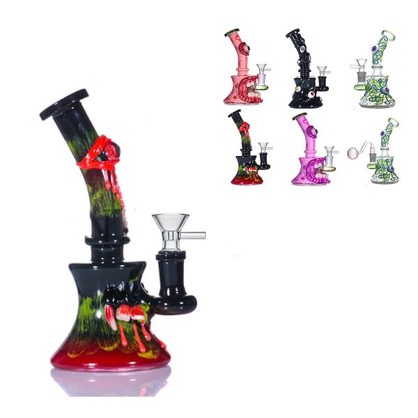 Atacado Hookah Hand-drawn Eyeball Glass Dab Rig Bongs Water Oil Burner Pipe Skull Eye Style Beaker Bong com 14mm Tabaco Fumar Tigela