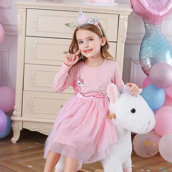 Abiti da ragazza DXTON Ragazze Cartoon Print Dress Bambini Pink Princess Mesh Tulle Festa di compleanno Abiti da festival Abbigliamento per bambini 3-8 anniL2402
