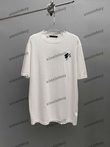 Xinxinbuy masculino designer camiseta 2024 xadrez pino de malha tecido lapela manga curta algodão feminino cinza preto branco XS-L