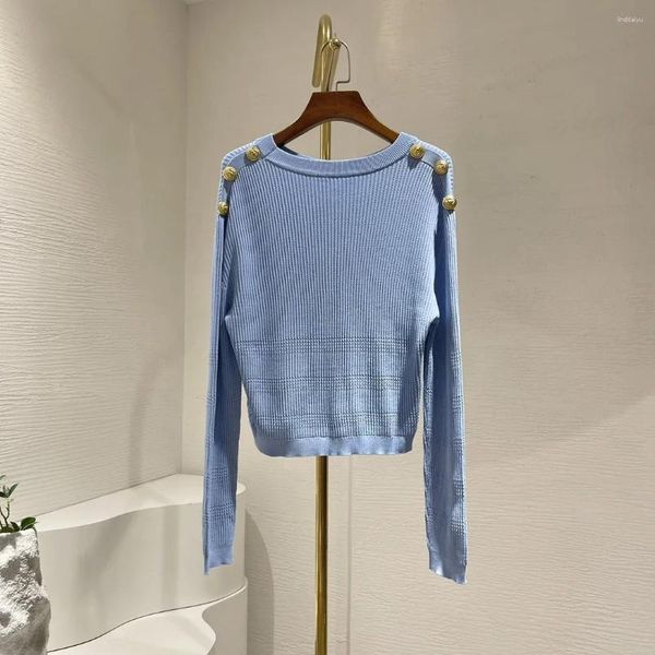 Maglioni da donna Bottoni in oro bianco blu blu di alta qualità sulle spalle Maglioni lavorati a maglia a maniche lunghe