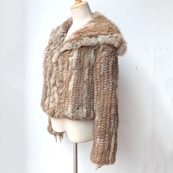 Pelz Frauen Gestrickte Echt Kaninchen Pelz Mäntel Großen Kragen Langarm Weibliche Warme Winter Natürliche Pelz Jacke Damen Chic Outwear