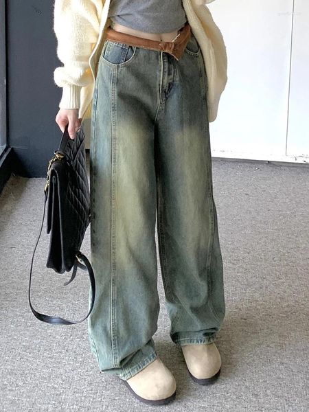 Damen Jeans Mode Damen Farbe Bündchen an der Taille hoch locker lässig gerade weites Bein Y2K Teenager Mädchen Denim Hosen Hose