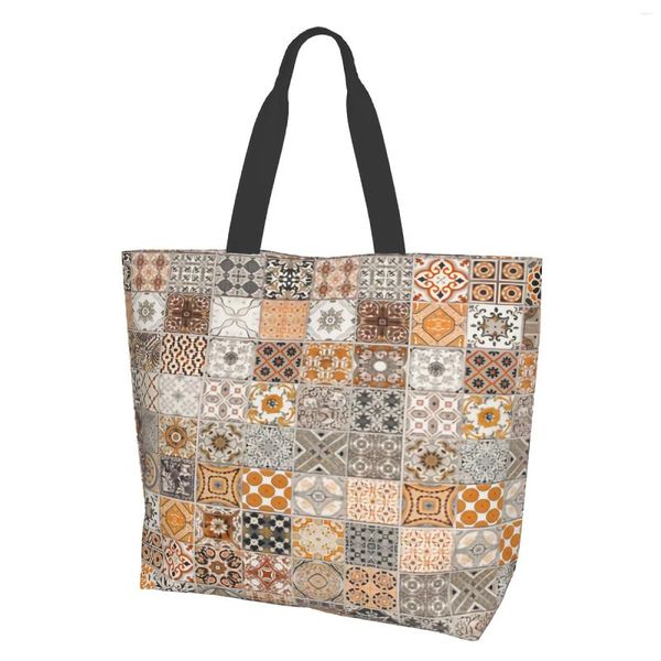 Sacos de compras Padrões de azulejos cerâmicos de tote para mulheres mercearia reutilizável estilo LargePortugal