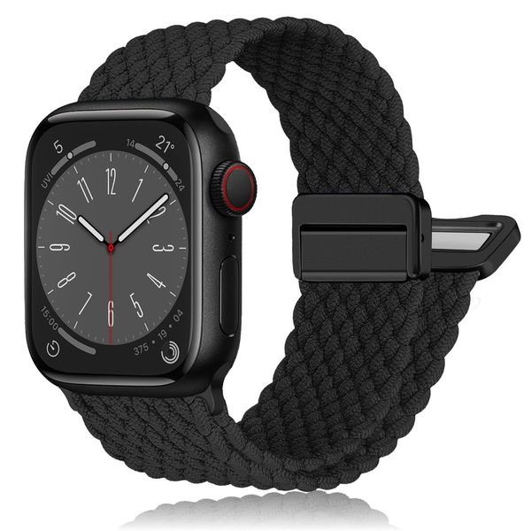 Faixa de laço solo esportiva elástica trançada de nylon magnético para Apple Watch, pulseira elástica de tecido elástico macio compatível com iWatch SE Series 9/8/7/6/5/4/3/2, 38 mm 40 mm 41 mm