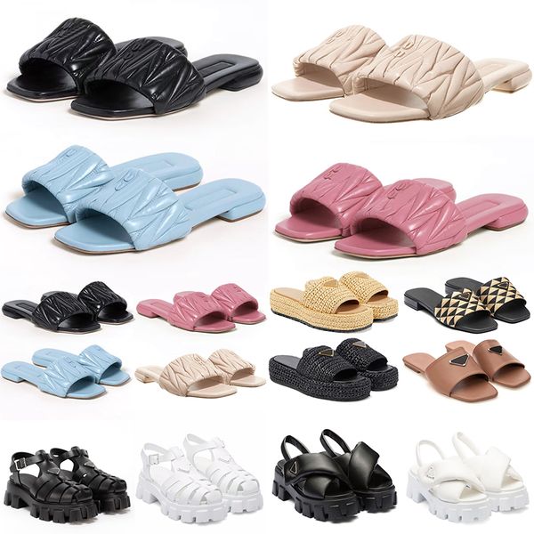 2024 Designer Espadrille Sandalen Slides Hausschuhe Miui Luxus Schwarz Beige Bule Pink Damen Mädchen Monolith Schaumgummi Matelasse Nappaleder Slides Größe 35-42