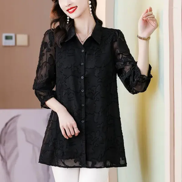 Blusas femininas senhora do escritório elegante jacquard tecer blusa coreano cor sólida roupas casual primavera outono camisa de lapela single-breasted