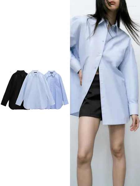 Damen-Blusen, Basic-Taschen-Büro-Oberteile, vielseitiges, langärmliges Leinenhemd mit Revers-Aufnäher vorne und seitlichem Schlitz am Saum und Bindeknopf