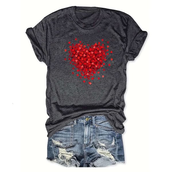 Damen-T-Shirt mit Blütenblatt-Liebe-Valentinstag-Aufdruck, lässig, locker, Rundhalsausschnitt, kurzärmelig