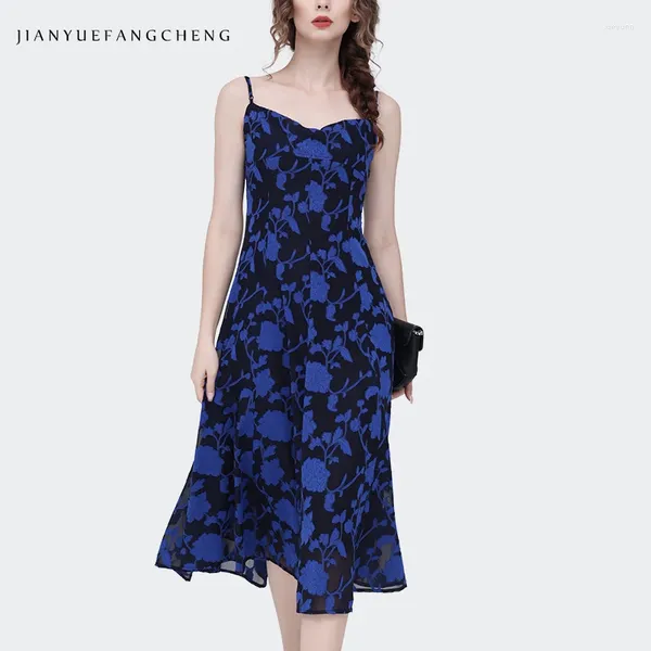 Vestidos casuais vintage em relevo floral azul chiffon deslizamento vestido mulheres verão cintura alta a-line backless elegante bodycon longo festa