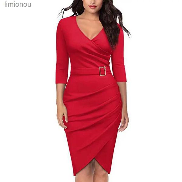 Vestidos sexy urbanos vestido formal feminino verão cor sólida 3/4 manga elegante vestido de cintura alta com cinto irregular vestido lápis vermelho 240223