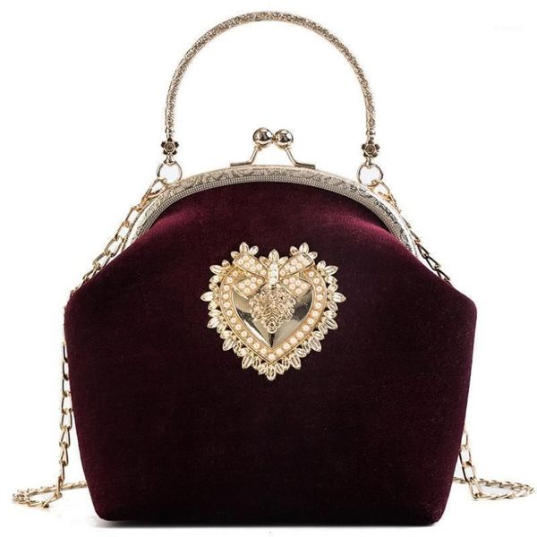 Abendtaschen 2021 Femme Retro Samt Perle Handtasche Vintage Velour Herz Design Tasche Hochzeit Party Braut Kupplung Abzeichen Geldbörse2719