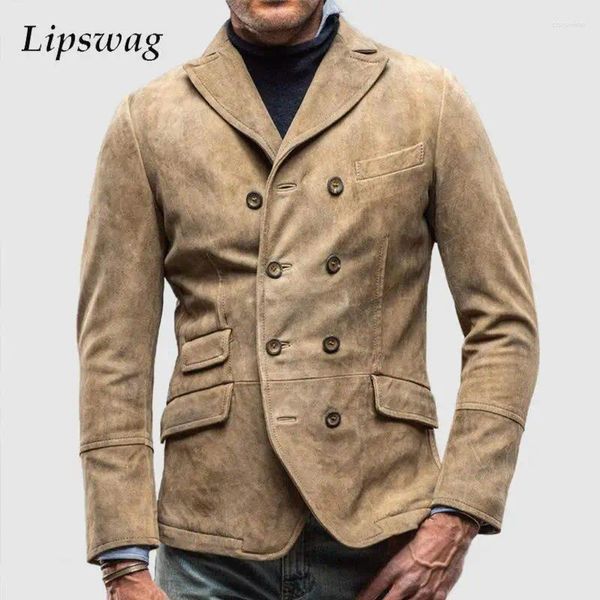 Erkek ceketleri moda çift göğüslü ceket erkekler blazers kıyafetleri 2024 bahar vintage ragn-down yaka düz renkli erkek katlar rahat