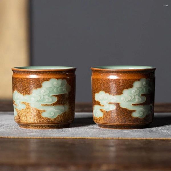 Xícaras Pires 100ML Handmade Longquan Celadon Teacup Vintage Forno Mudança Master Cup Par de Chá Pessoal Jianzhan Cerimônia Chinesa Artesanato Presente