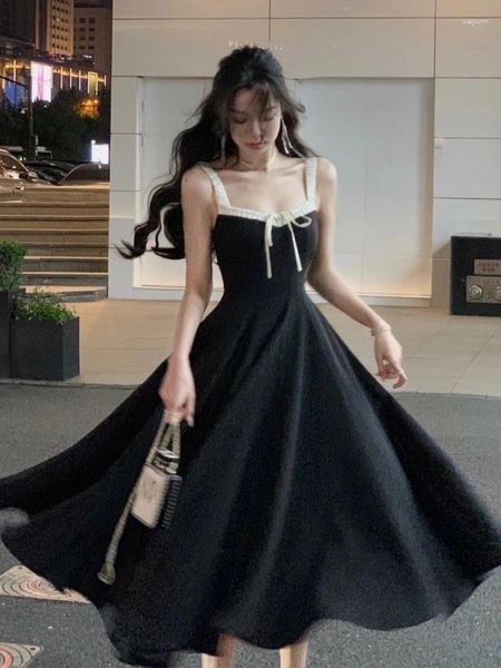 Sıradan Elbiseler Fransız Vintage Siyah Akşam Partisi Elbise Kadınlar 2024 Yaz Zarif Romantik Prom Vestidos Kore A-Line Mezuniyet