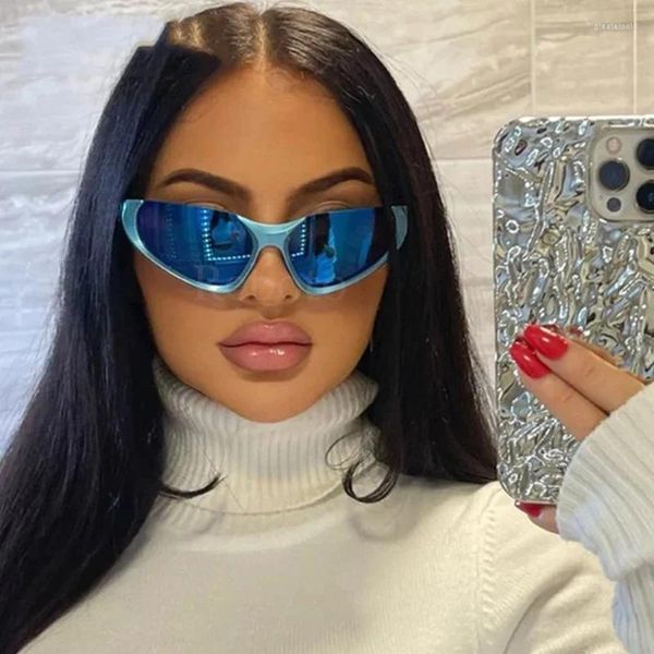 Sonnenbrille Futuristische Punk Y2K Für Frauen Mode 2024 Blau Spiegel Cool Girl Trends Halbrahmen Brillen