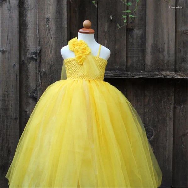 Abiti da ragazza Ragazze Giallo Vintage Fiore Tutu Abito Bambini Crochet Tulle Abito da ballo lungo Bambini Festa di compleanno Costume da principessa