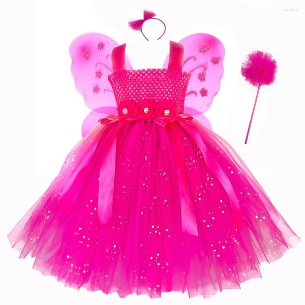 Платья для девочек, розовое блестящее платье-пачка с цветочным узором для девочек, детское сказочное бальное платье с палочкой из крыльев бабочки, детский костюм для дня рождения, наряд