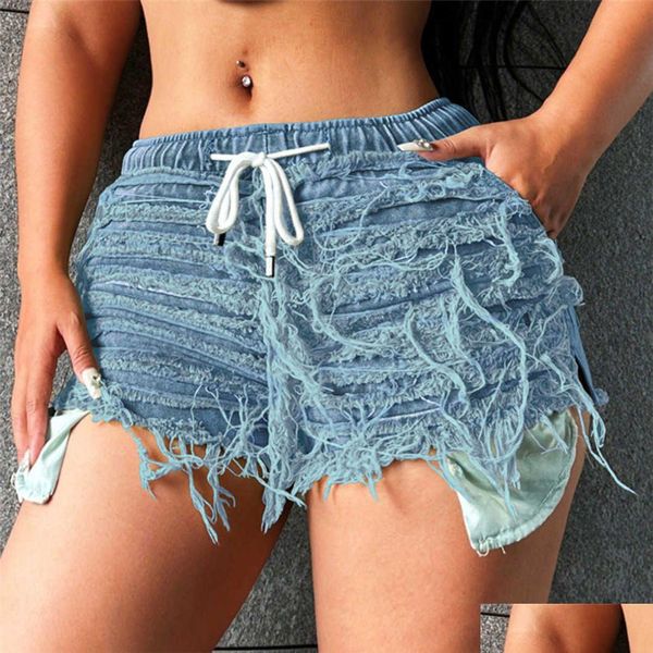 Jeans femininos 2023 verão mulheres borda franja sexy envolto quadril cintura ajuste denim shorts robin jean gota entrega vestuário roupas dhk6k