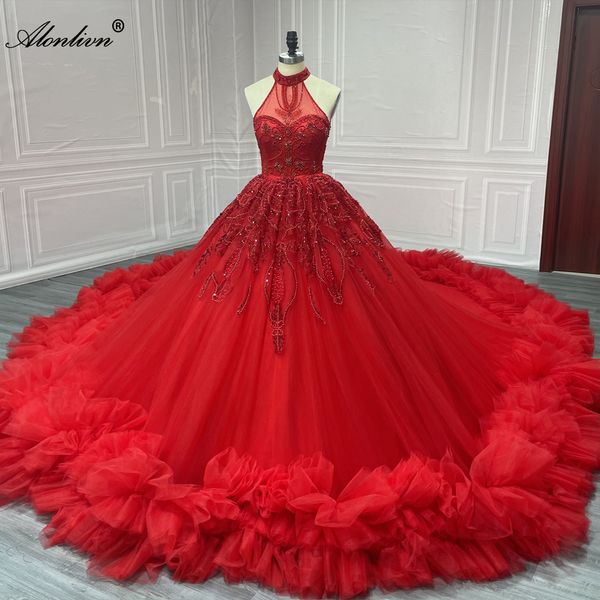 Alonlivn fotos reais luxo trem real a linha vestido de casamento contas pérolas bordado rendas gola halter sem mangas vestidos de noiva