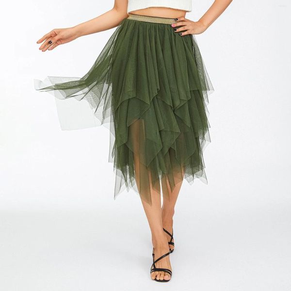 Saias femininas verde midi cor sólida elástica cintura alta irregular babados multi-camadas tule tutu feminino streetwear