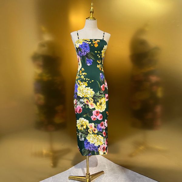 Avrupa Moda Markası Koyu Yeşil İpek Çiçek Baskı Sıkı Takım Kayma Midi Elbise