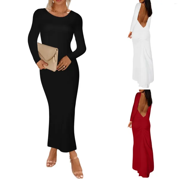 Lässige Kleider, Sommer-Outfits für Frauen, sexy Slim-Fit-Kleid, langärmelig, offener Rucksack, Hüftrock, Midi-Körper