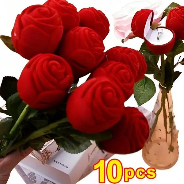 Bolsas de jóias 10 pcs veludo rosa flor anel caixa romântico vermelho display titular presente amante nupcial casamento noivado caso de armazenamento