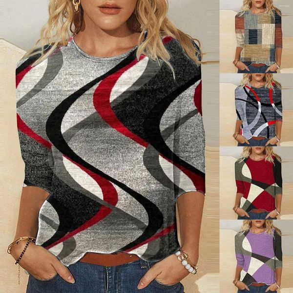 Camisetas femininas estampa geométrica 3/4 manga gola redonda top feminino compressão camisa longa feminina algodão