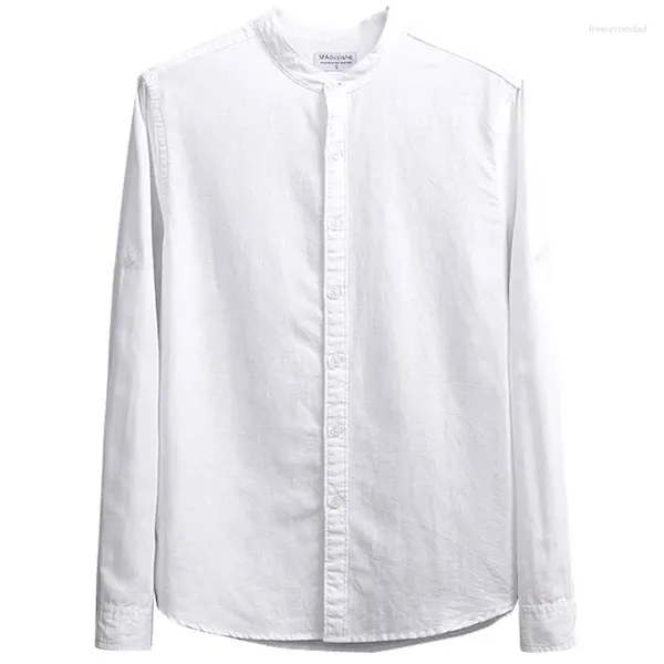 Camicie casual da uomo 2024 Camicia di lino giapponese a maniche lunghe con scollo rotondo, colletto in piedi in cotone ampio e versatile bianco