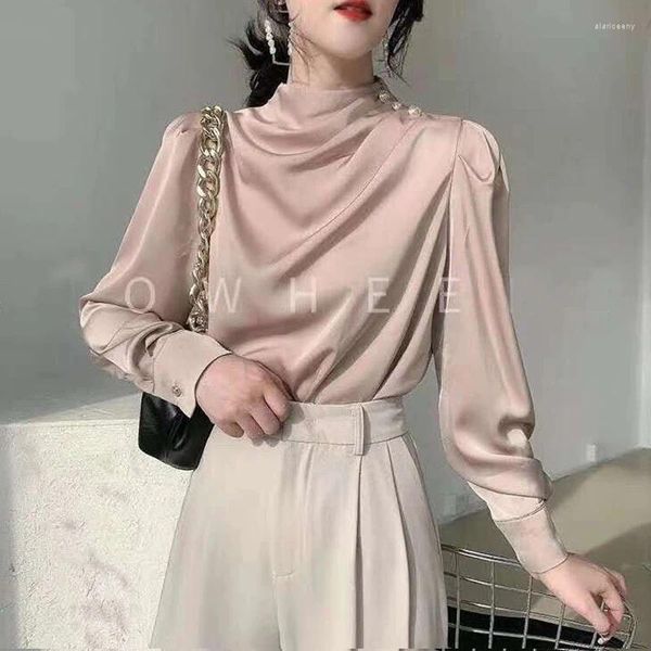 Blusas femininas cetim retro elegante chique design de luxo senhora do escritório negócios casual camisa moda plissado sólido manga longa topos para mulher