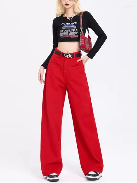 Calças de brim femininas vermelho cintura alta reta vintage americano rua legal menina calças femininas soltas retro denim calças