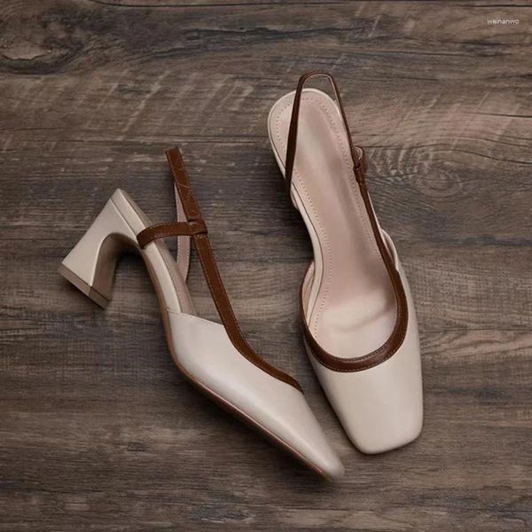 Модельные туфли, квадратные коричневые сандалии Baotou на толстом каблуке, женские летние туфли на высоком каблуке с неглубоким открытым носком, лето 2024