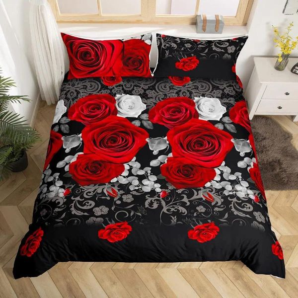 Conjuntos de cama Presentes do Dia dos Namorados Azul Rosa Floral Duvet Cover Set King Size 3 Peças 3D Impresso Flor Decoração de Quarto Mulheres