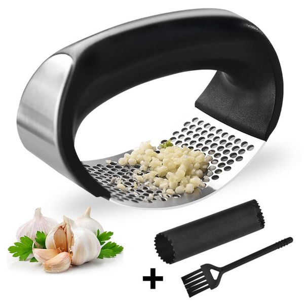 Prensa manual de alho com descascador de silicone e escova pequena Triturador de alho em aço inoxidável 304 Utensílios de cozinha criativos com alça ergonômica MHY056