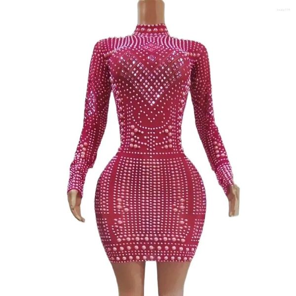 Palco desgaste brilhante diamantes peals rosa vermelho manga longa bodycon sexy vestido curto aniversário noite cantor mostrar poshoot