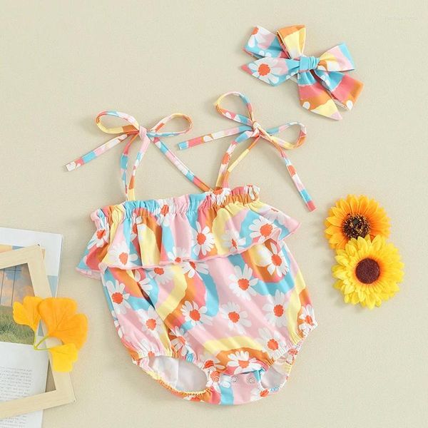 Set di abbigliamento Born Baby Girl Clothes Boho Floral Pagliaccetto senza maniche Tie Up Spaghetti Ruffle Body Tuta con fascia