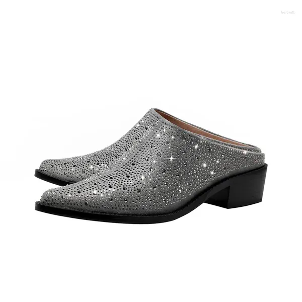 Kleidschuhe Mode Damen Spitzschuh Pumps Slip On Strass Dicker Absatz Pantoletten Outdoor Hausschuhe Kausal für Frau 36-43