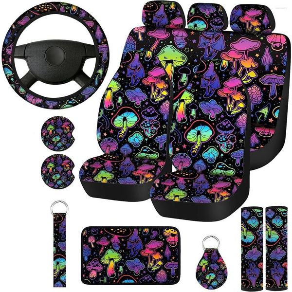 Capas de assento de carro 15 peças de cogumelo colorido impresso conjunto completo adequado para volante dianteiro pulso s