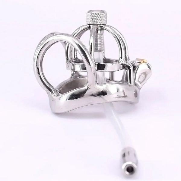Gaiola de castidade masculina de aço inoxidável pequeno anel de metal curvo testículos dispositivos de castidade com cateter uretral brinquedos sexuais