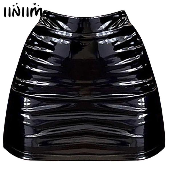 Gonne Skorts Donna Effetto bagnato Cerniera Vita alta Aderente Minigonne Moda Pelle verniciata Matita Minigonna Cosplay Cocktail Party Rave Outfit YQ240223