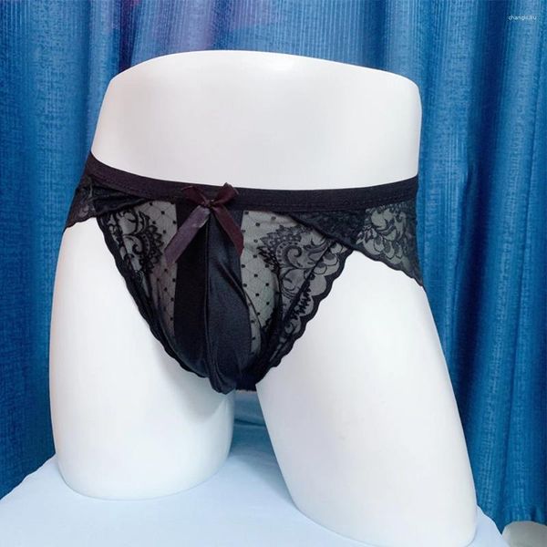 Cuecas masculinas sexy calcinha de renda sissy grande bolsa sheer briefs g-string tangas baixa ascensão roupa interior homem sensual lingerie