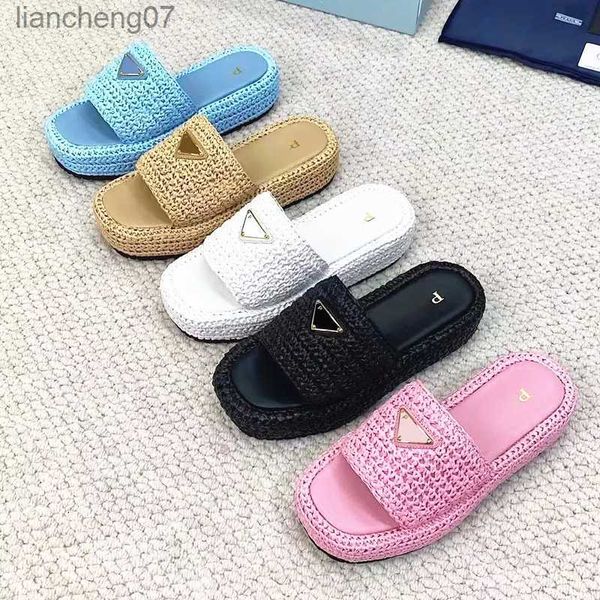 Lüks Sandale Flip Flops tığ işi platform slip-on üçgen plaj Tazz Tazper Tasarımcı Ayakkabı Mule Sandal Kadın Düz Hip Saman Siyah Beyaz Ayakkabı 240223