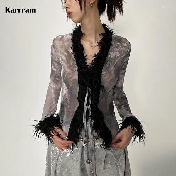 Damenblusen Karrram Japanisches Y2k-Pelzhemd 2000er-Jahre-Ästhetik Dark Mesh Trashy Gothic Schwarz Tie-Dye-Quaste Harajuku Sheer Tops