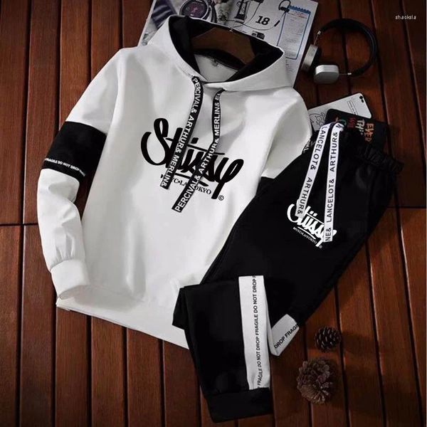 Tracksuits masculinos homens vintage moletom com capuz conjunto casual moletom moletom 2 pcs terno para masculino designer roupas retro y2k clássico