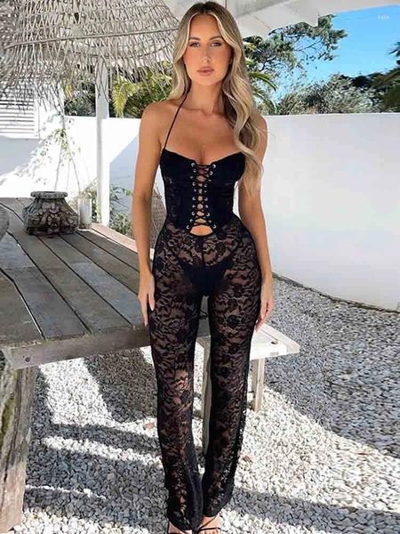 Calças femininas Nidanssi preto halter laço verão playsuits macacão mulheres 2024 oco out feriado casual elegante longo macacões bandagem