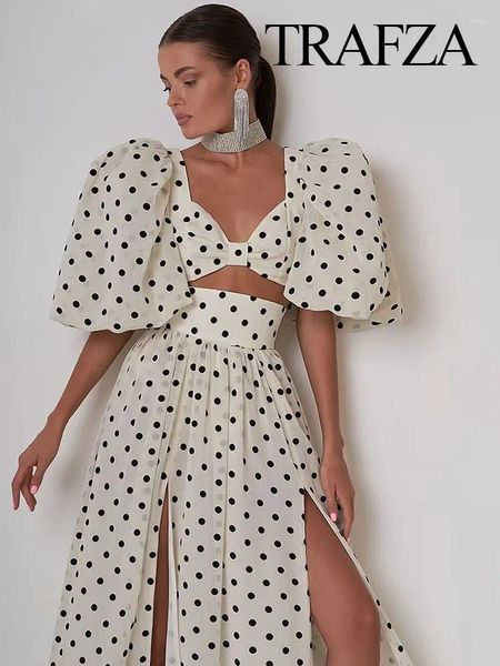 Abito a due pezzi TRAFZA 2024 Abito stampato a pois primaverili femminili Abito corto a maniche corte Collo quadrato Top con spacco Vita alta Gonna chic Vintage