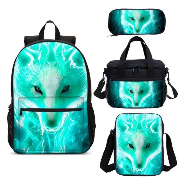 Sacos escolares Padrão de lobo verde 3D Imprimir mochila conjunto 4 pcs saco para criança estudante livro de volta para gift237f