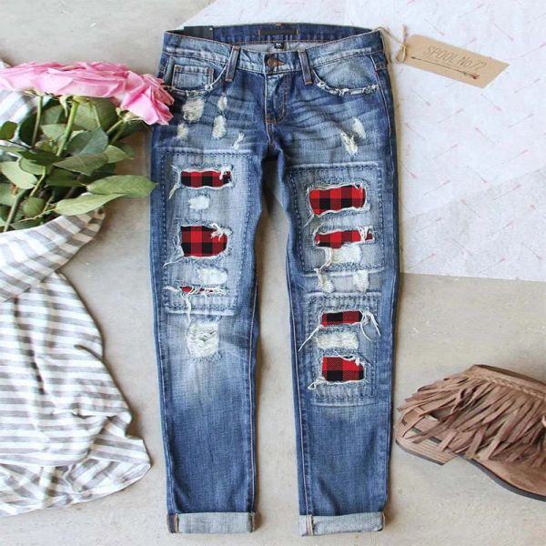 Jeans 2023 novas calças de brim femininas xadrez vermelha rasgado jeans feminino estilo cintura tipo ajuste lavagem comprimento idade decoração elasticidade