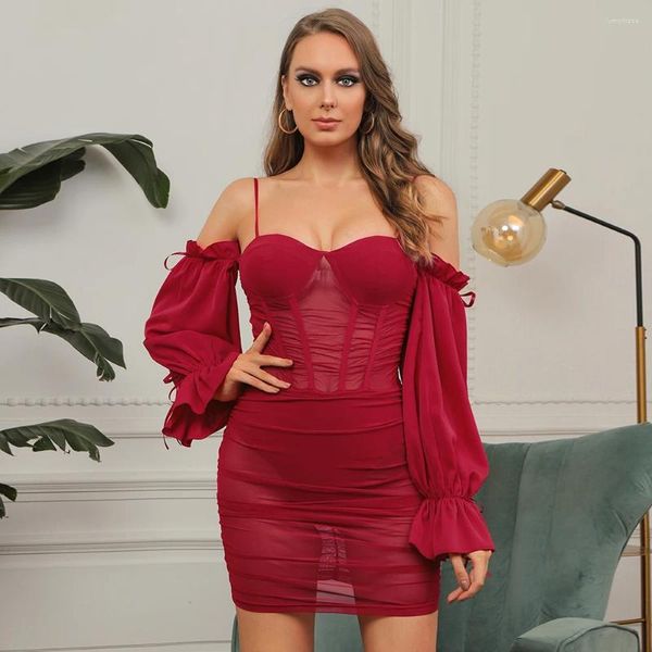 Günlük elbiseler kırmızı seksi spagetti kayış örgü uzun kollu kadınlar mini parti elbise gece kulübü vestidos şeffaf bodycon yaz femme robe